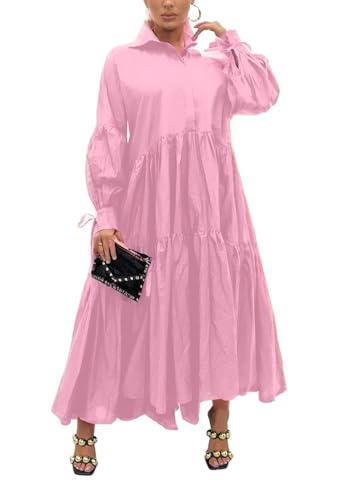 Damen Langarm Maxi Hemdkleid Elegant Button Down Loose Swing Party Kleid, 87 Pink, Groß von Ekaliy