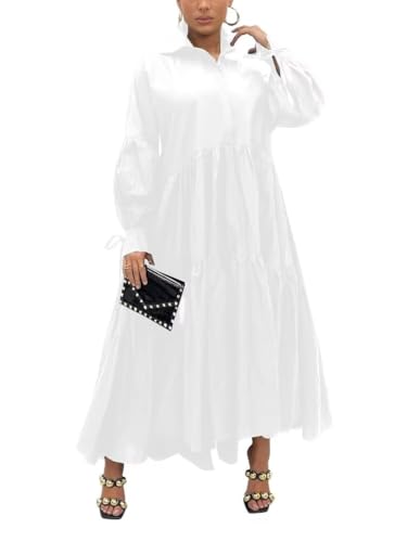Damen Langarm Maxi Hemdkleid Elegant Button Down Loose Swing Party Kleid, 87 weiß, Groß von Ekaliy