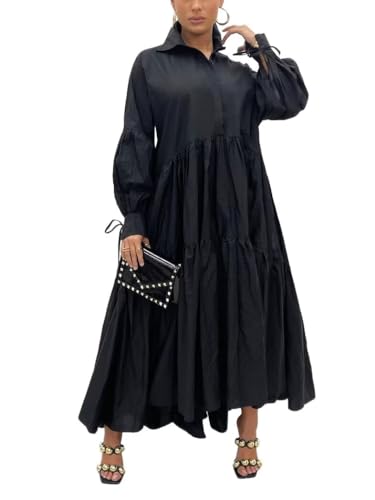 Damen Langarm Maxi Hemdkleid Elegant Button Down Loose Swing Party Kleid, 87schwarz, Groß von Ekaliy