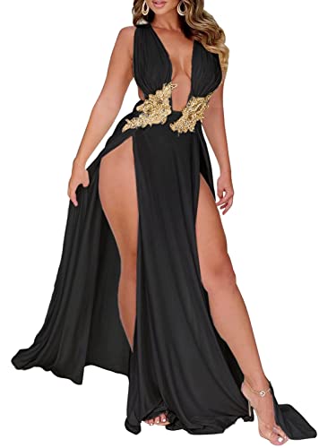 Ekaliy Damen Maxikleid mit tiefem V-Ausschnitt, ärmellos, hoher Schlitz, Stickerei, langes Abendkleid - Schwarz - Klein Ekaliy Damen Maxikleid mit tiefem V-Ausschnitt, ärmellos, hoher Schlitz, Stickerei, langes Abendkleid - Schwarz - Klein von Ekaliy