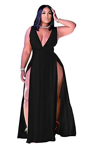 Ekaliy Maxi-Wickelkleid für Damen, Übergröße, ärmellos, tiefer V-Ausschnitt, vorne geteilt, lang - Schwarz - XX-Large von Ekaliy