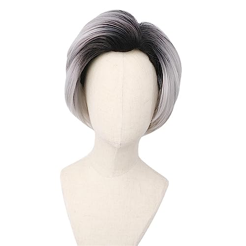 Anime Perücken Cosplay Pick Dye Weiß Farbverlauf Halloween Kurzhaarperücken for Männer und Frauen Modedekoration von EkeNoz