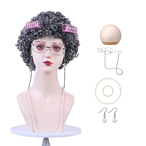 Oma Rollenspiel Perücke kurzes lockiges Haar Set Cosplay mittleren Alters Blume weiß Performance Styling Perücke Haarset Modedekoration von EkeNoz