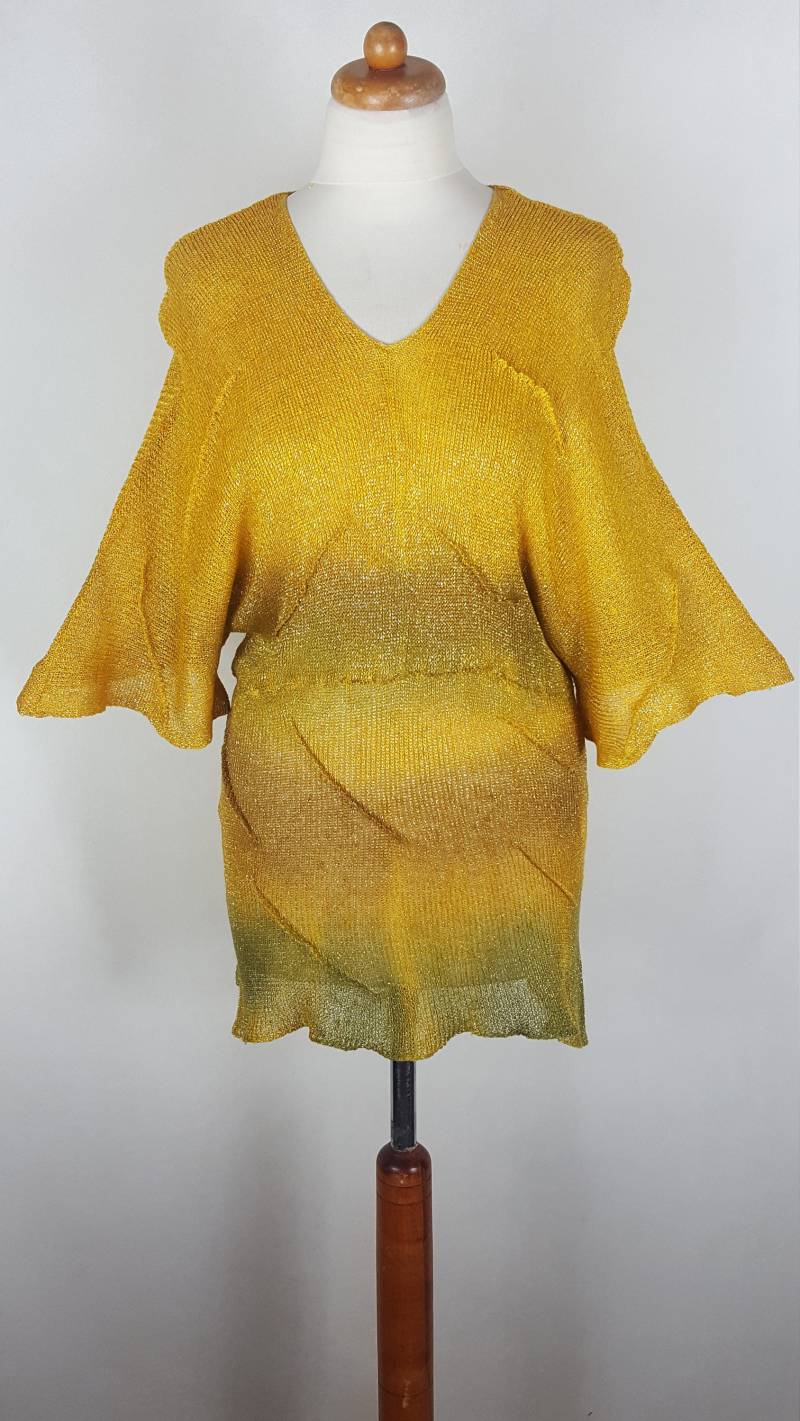 Damen-Leinenpullover Mit Goldfaden, Damen-strickpullover Aus Leinen, Bemalt, Gold, 3/4-Ärmelpullover. Damen-Outfit von EkoLniano