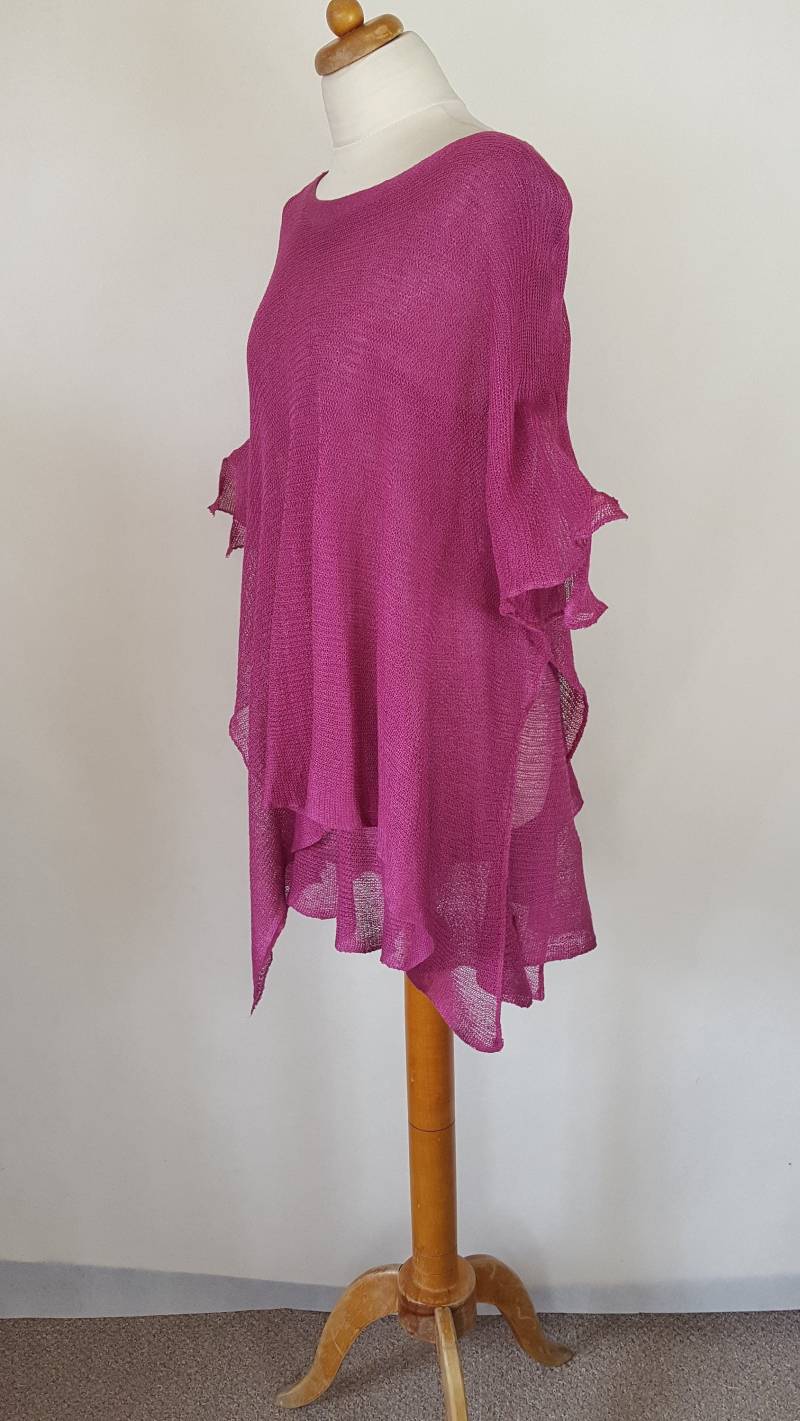 Damen-strickset Aus Fuchsiafarbenem Leinen. Poncho Und Tunika Leinenstrick. Fuchsia-Set. Leinenkleidung, Leinenpullover von EkoLniano