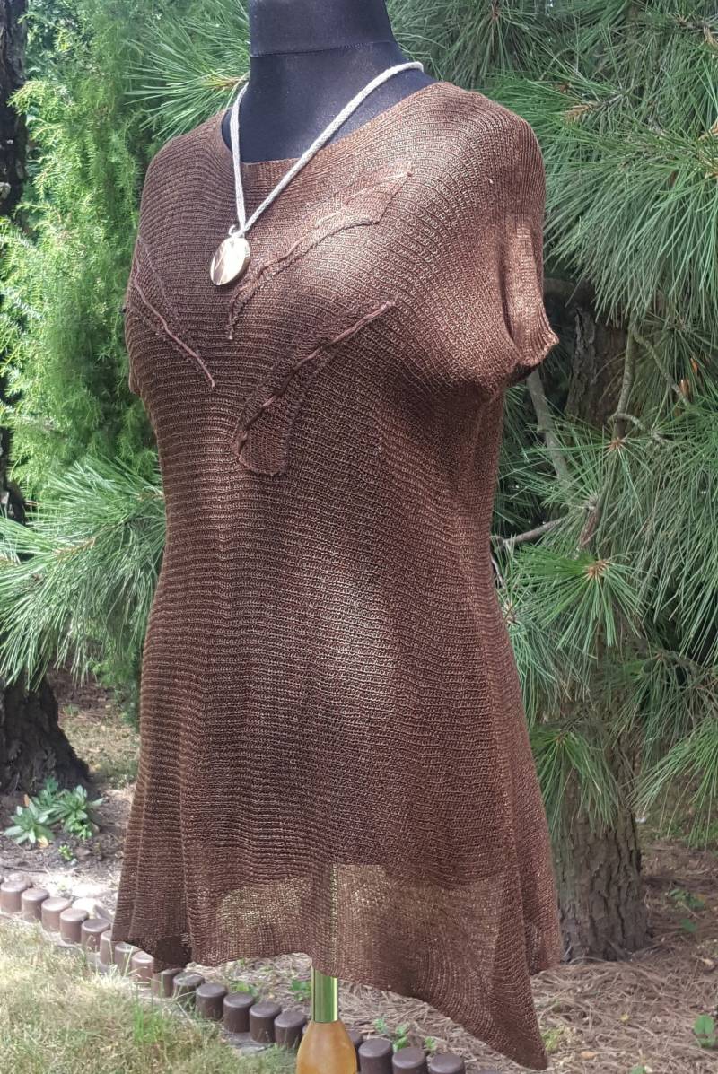 Gestrickte Leinentunika, Damen-Leinentunika, Braune Tunika Mit Applikationen von EkoLniano