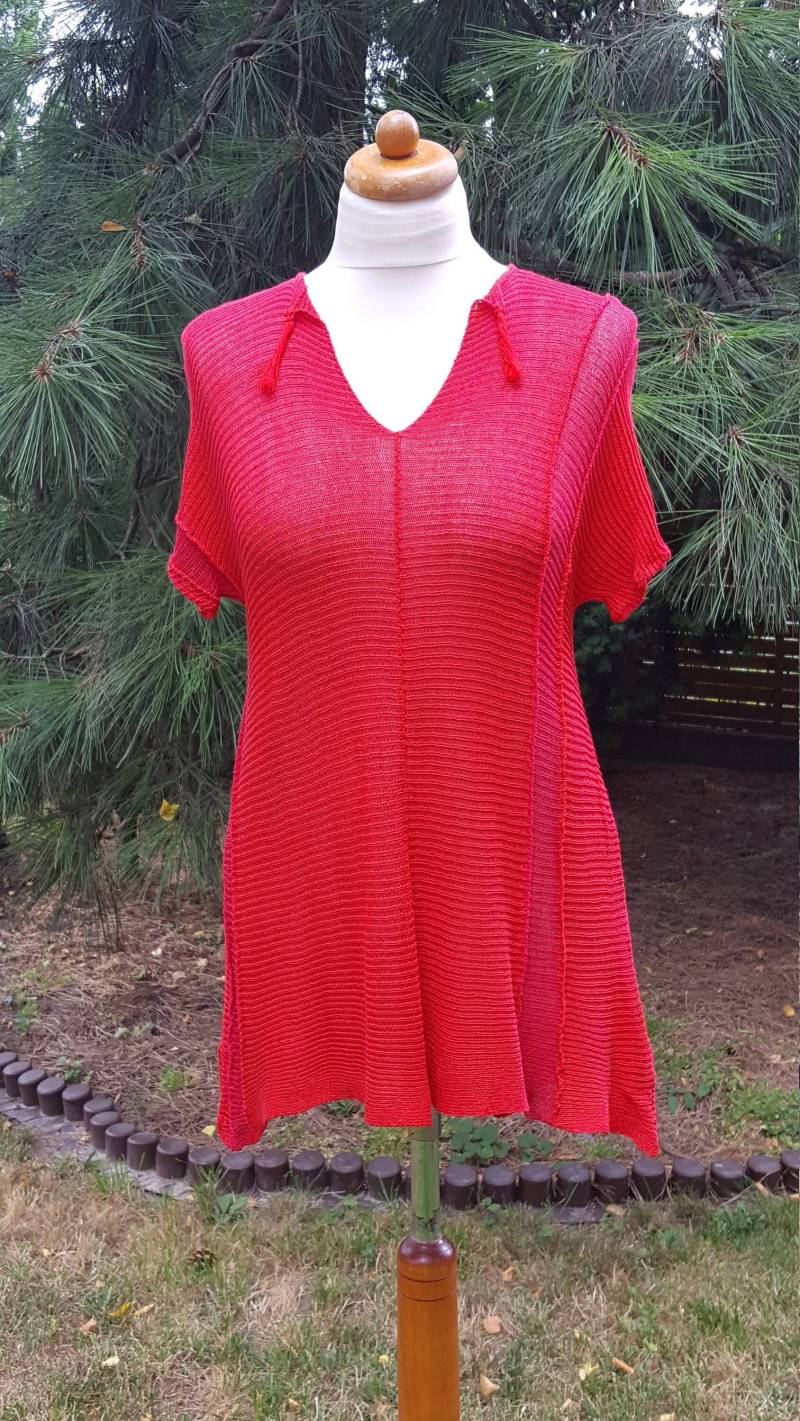 Rote Leinen-Stricktunika, Leinenpullover. Strickpullover Aus Leinen, Kurzarmtunika, Umstandstunika, Strickbluse von EkoLniano