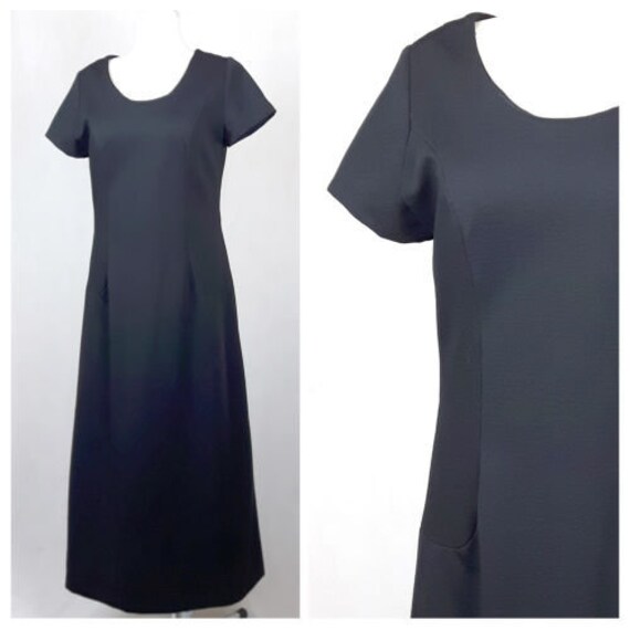 Jahrgang 60-70-Kleid-Maxi Abend Strukturierten Polyester Schwarz Ausgestattet Uk12/14 Eu40/42 von EkokoVintage