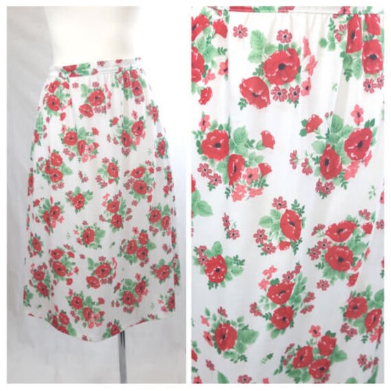 Vintage 70Er Jahre Ausgestellte A-Linie Rock Mod/Gogo Weißen Knie Länge Floral Uk16/18 Eu44 von EkokoVintage