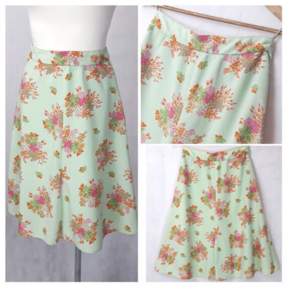 Vintage 70Er Jahre Frauen Rock Midi Blumen A-Linie Hohe Taille Helles Licht Grün Uk12 von EkokoVintage