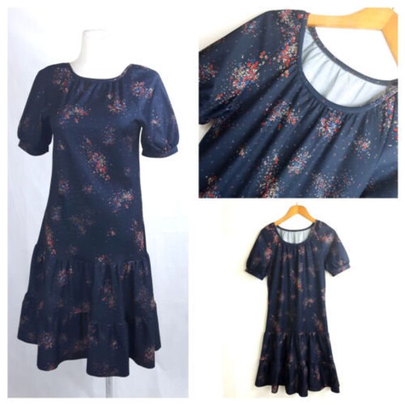 Vintage 70Er Jahre Kleid Blau Floral Boho Land Verschiebung Midi Dropwaist Prairie Rock Uk12 Eu38 von EkokoVintage
