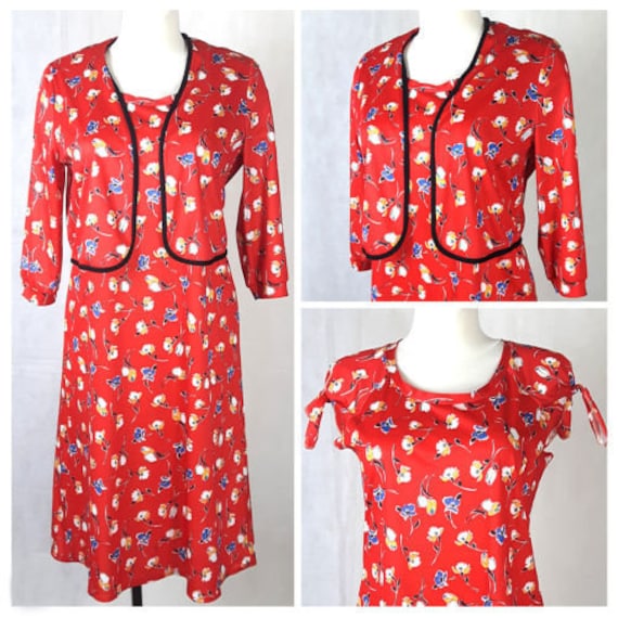 Vintage 70Er Jahre Kleid Sommer Set Bolerojacke Knie Rote Blumen Disko Uk12/14 38/40 von EkokoVintage