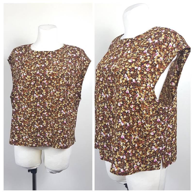 Vintage 70Er Jahre Oben Übergroßen Floral Oliv/Braun Ärmellos Ausgestattet Brust Uk16 Eu42 von EkokoVintage