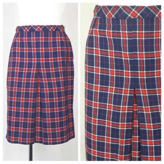 Vintage 70Er Jahre Rock-Knie-Länge-Check Ausgestattet Adrette Blau/Rot Uk12/14 Eu40 von EkokoVintage