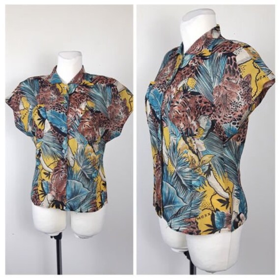 Vintage 80Er Bluse Hemd Sommer Kurzärmeliges Kräftiges Muster Mexx Uk14 Eu40 von EkokoVintage