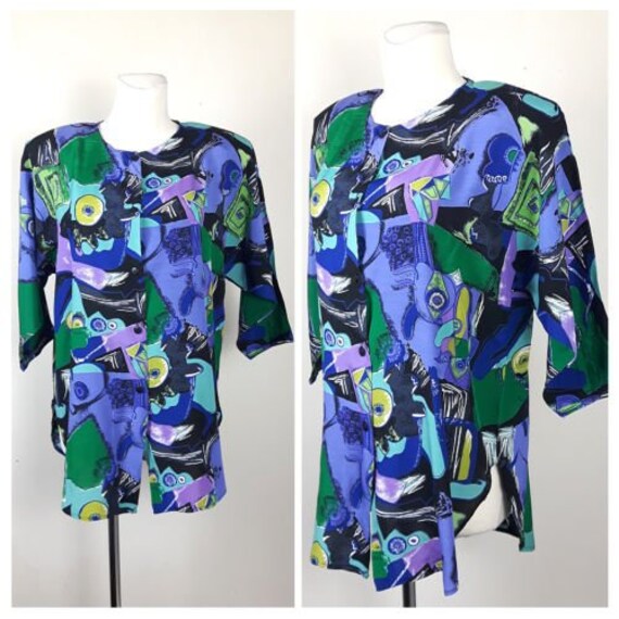 Vintage 80Er Hemd Bluse Sommer 3/4 Ärmel Neuheit Blau Lila Uk14/16 Eu42 von EkokoVintage