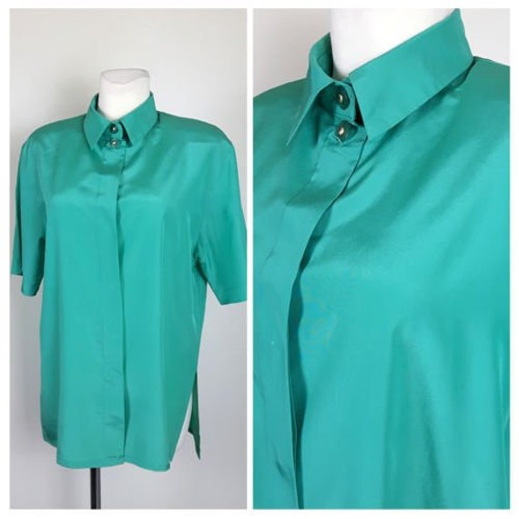 Vintage 80Er Hemd Bluse Sommer Teal Grün Kurzärmelig Bright Uk16 Eu42 von EkokoVintage