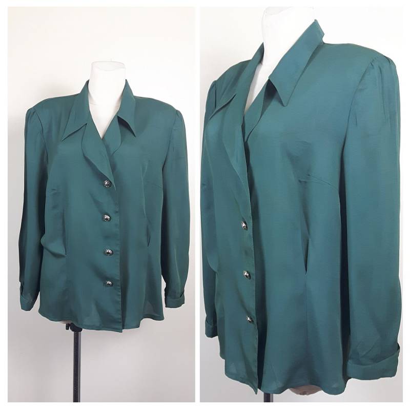 Vintage 80Er Jahre Bluse Flasche Gteen Überdimensioniert Taillierte Langarm Uk16/18 Eu44 von EkokoVintage