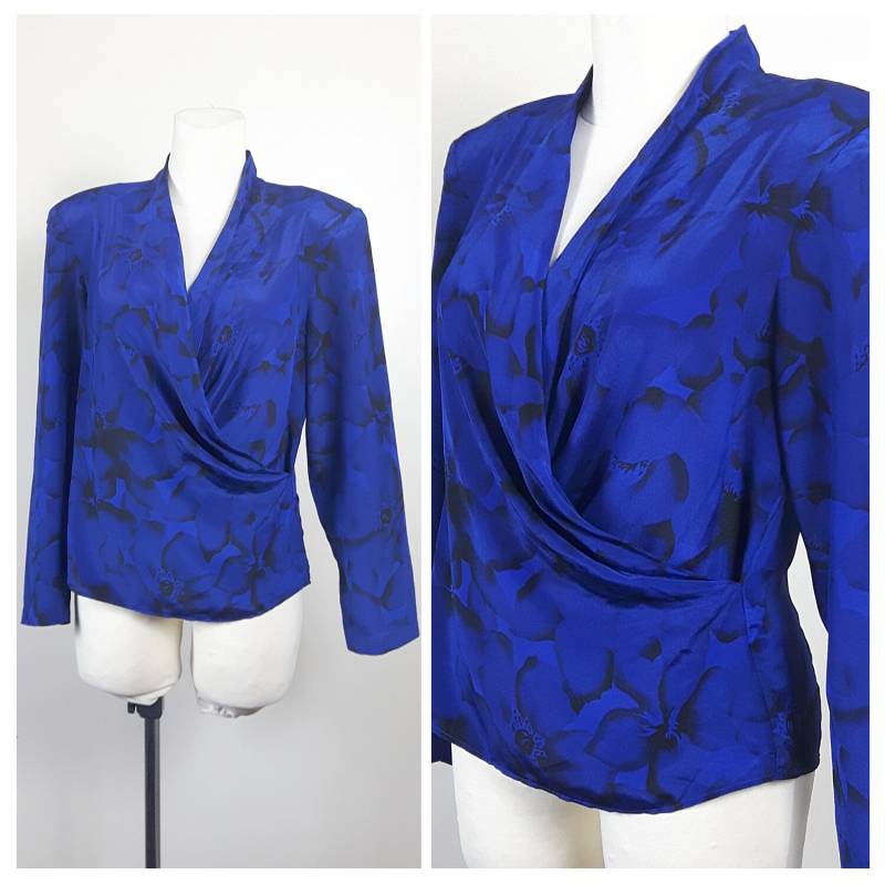 Vintage 80Er Jahre Bluse Marine Blau Lange Ärmel Wickeln Seidig Glänzend Party Uk14 Eu40 von EkokoVintage