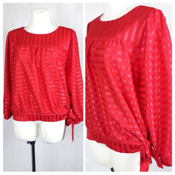 Vintage 80Er Jahre Bluse Rote Oversize Glänzend Gestreiften Bündchen Ärmel Uk16 Eu44 von EkokoVintage