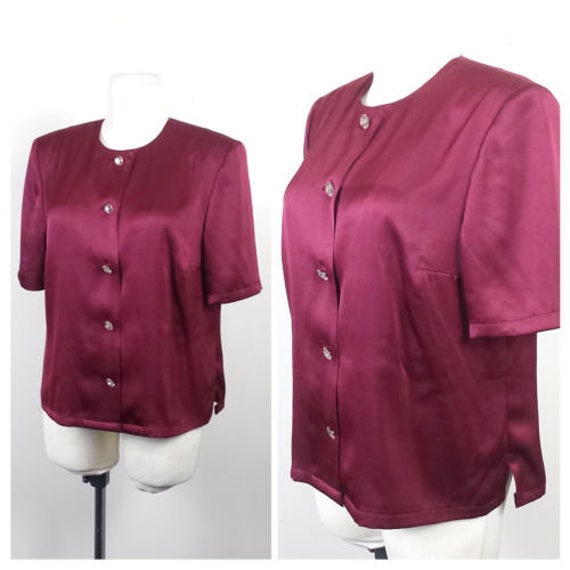 Vintage 80Er Jahre Bluse Runde Hals Satin Bordeaux Kurzarm Uk14/16 Eu42 von EkokoVintage