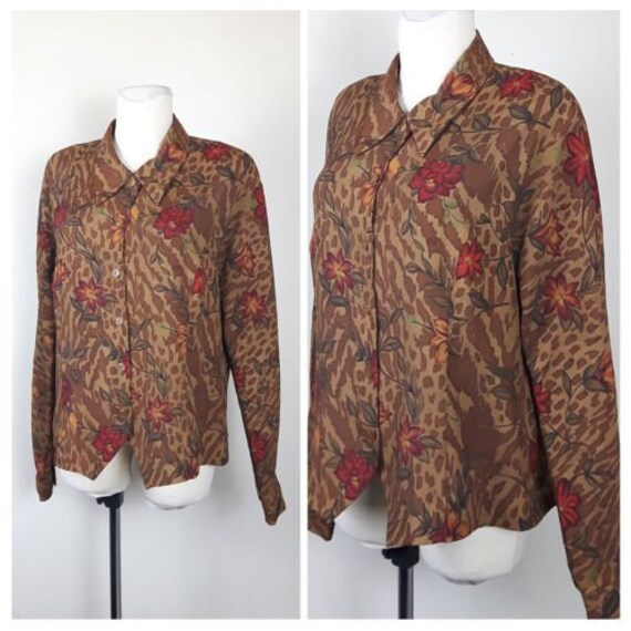 Vintage 80Er Jahre Bluse Shirt Floral/Tier Braune Lange Ärmel Ausgestattet Form Uk16 42 von EkokoVintage