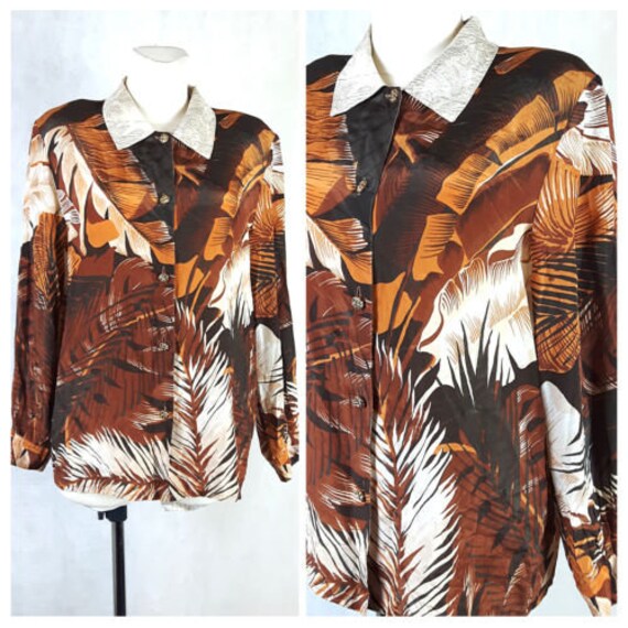 Vintage 80Er Jahre Hemd Bluse Braun/Beige Seidig Italien Lange Ärmel Uk 12/14 Eu38/40 von EkokoVintage