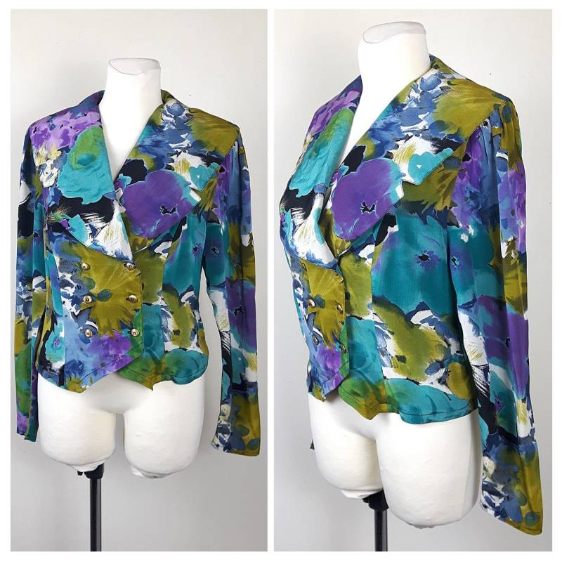 Vintage 80Er Jahre Jacke/Bluse Riesige Kragen Doppelt Zweireiher Olive Lila Blumen Uk12 von EkokoVintage