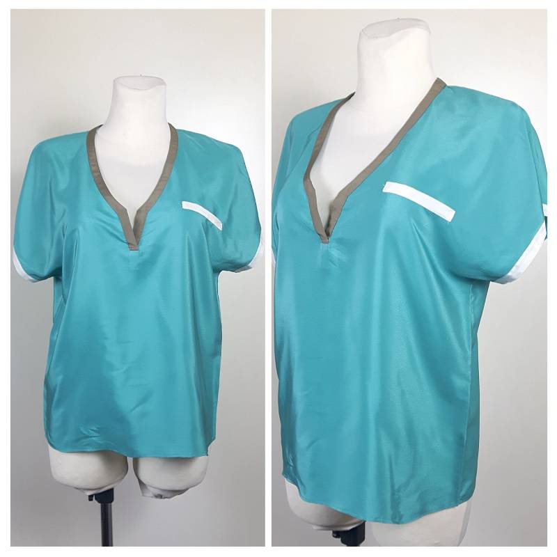 Vintage 80Er Jahre Oben T-Shirt Petrol/Aqua Sommer Tropfen Schultern Glänzend Hell Uk14 Eu40 von EkokoVintage