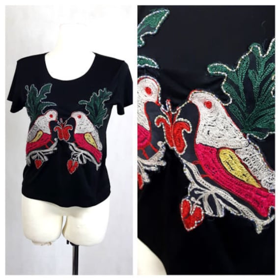 Vintage 80Er Jahre Oben T-Shirt Schwarz Polyester Stickerei Perlen Uk10/12 Eu36/38 von EkokoVintage