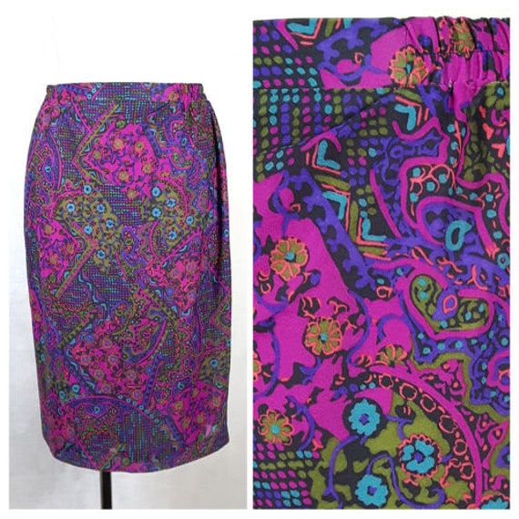 Vintage 80Er Jahre Rock Bleistift Ausgestattet Knielang Lila Hell Druck Uk12/14 Eu38/40 von EkokoVintage