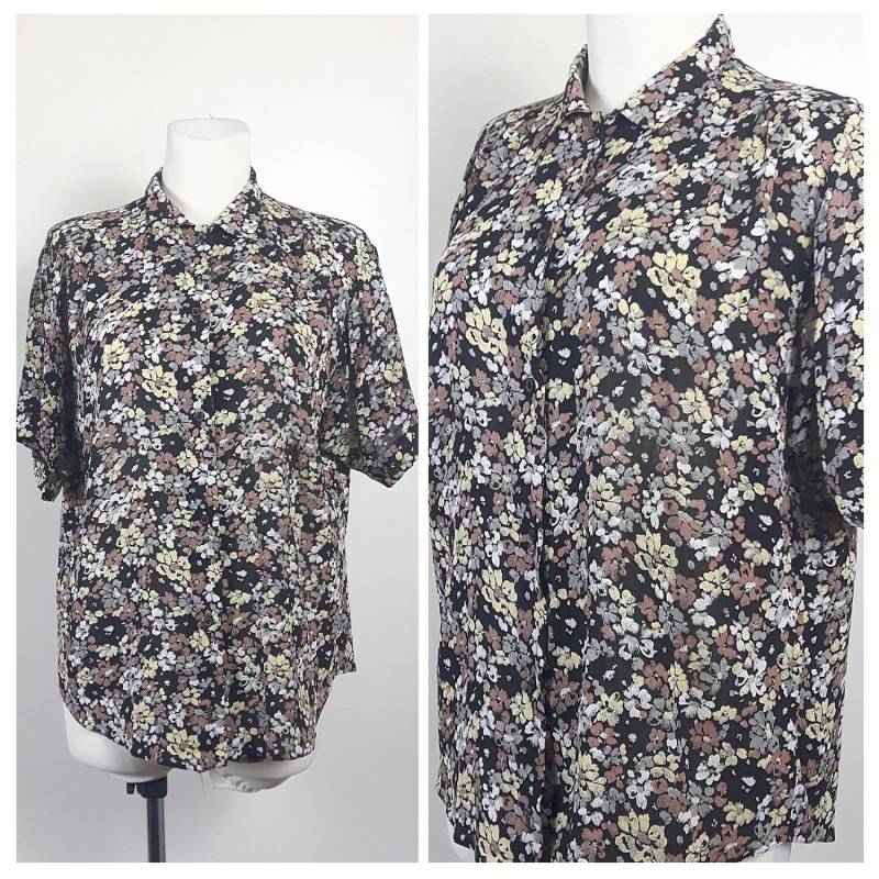 Vintage 80Er Jahre Shirt Sommer Blumen Kurzarm Schwarz Gelb Viskose Uk14 Eu40 von EkokoVintage