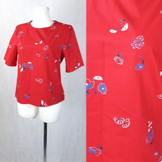 Vintage 80Er Jahre Top Bluse Rot T-Shirt Floral Trendige Form Baumwolle Uk12 Eu38 von EkokoVintage