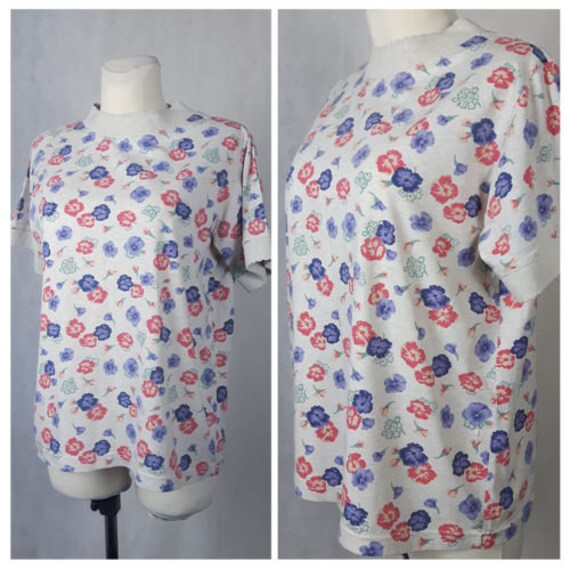 Vintage 80Er Jahre Top T-Shirt Baumwolle Jersey Floral Beige Sommer Kurze Ärmel Uk14 Eu40 von EkokoVintage
