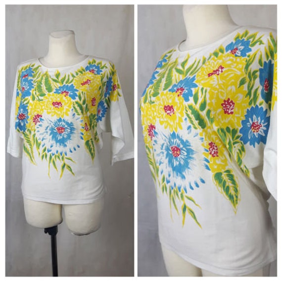 Vintage 80Er Jahre Top T-Shirt Baumwolle Jersey Floral Weiß Batwing 3/4 Ärmel Uk12 Eu38 von EkokoVintage