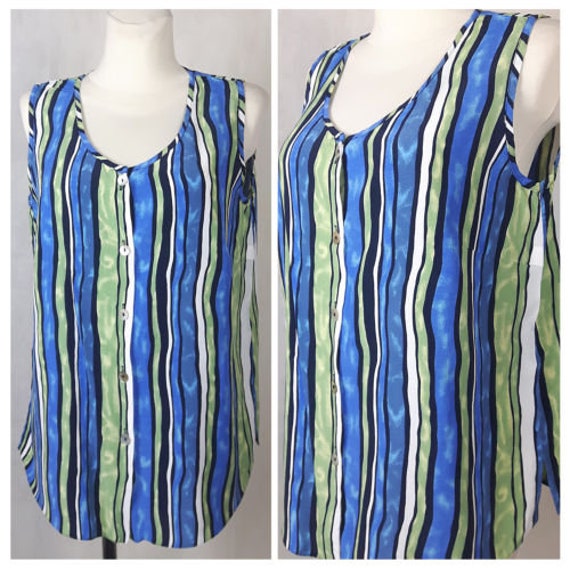 Vintage 80Er Jahre Top Weste Sommer Blau Grün Gestreiftknöpfe Vorne Hell Uk14 Eu40 von EkokoVintage