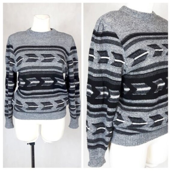 Vintage 80Er Pullover Grau/Schwarz Warm Winterwolle Strick Eu36/38 von EkokoVintage