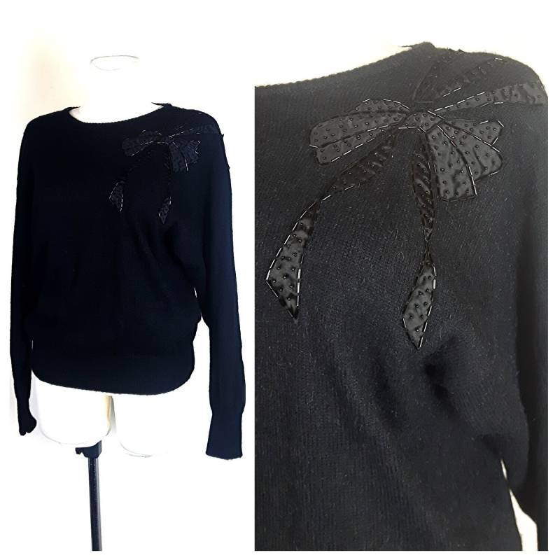 Vintage 80Er Pullover Schwarz Übergroße Ärmel Acryl Uk10/12 Eu36/38 von EkokoVintage