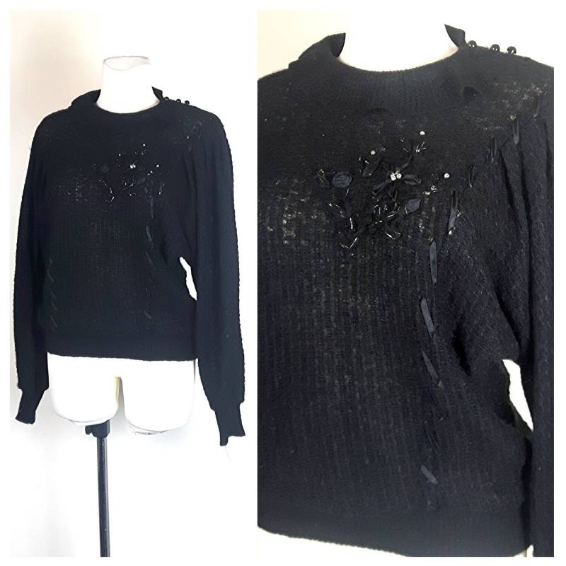 Vintage 80Er Pullover Schwarz Übergroße Fledermaus Ärmel Acryl Uk10/12 Eu36/38 von EkokoVintage