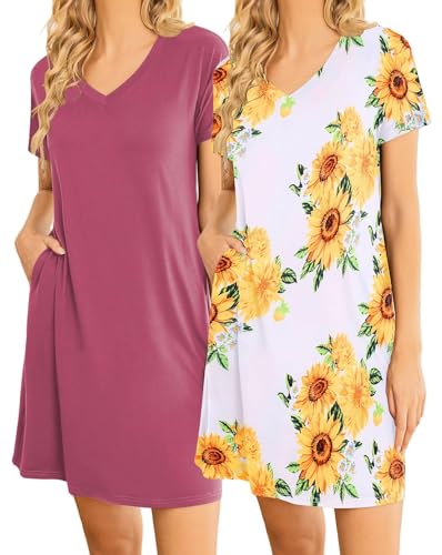 Ekouaer Nachthemd Damen Kurzarm Zweiteiliger Sommer Sleepshirt Kurz Bigshirts zum Schlafen Damen Set, Rosa + Sonnenblume, L von Ekouaer