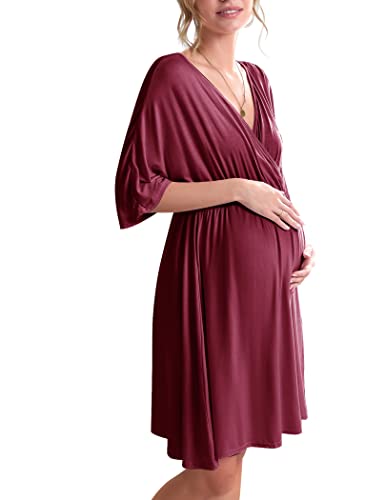 EKOUAER Damen Delivery/Arbeit/Schwangerschaft/Stillen Schwangerschaft Nightgown-Kleid für Krankenhaus Stillen Kleid Klein Weinrot von Ekouaer
