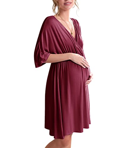 EKOUAER Damen Delivery/Arbeit/Schwangerschaft/Stillen Schwangerschaft Nightgown-Kleid für Krankenhaus Stillen Kleid groß Weinrot von Ekouaer