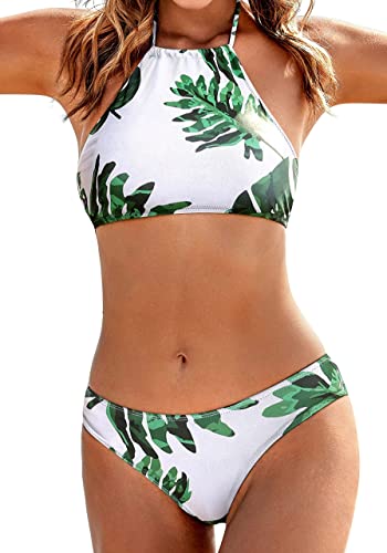 EKOUAER Damen Wald Bl tter Druck hohe Ansatz Halter-Bikini-gesetzter Badeanzug X-Small Wei von Ekouaer