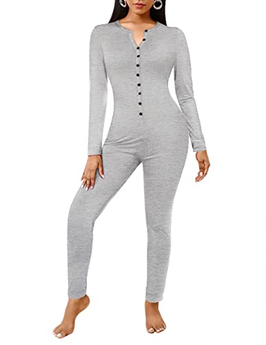 EKOUAER Damen bandage one piece pyjama body unterwäsche-set langarm-overall-nachtwäsche x-Groß grau von Ekouaer