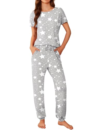 Ekoauer Damen Schlafanzug Frühling Pyjama Set Kurzarm Taschen Lang Schlafhosen Kordelzug Nachtwäsche Set, Grau Stern, S von Ekouaer