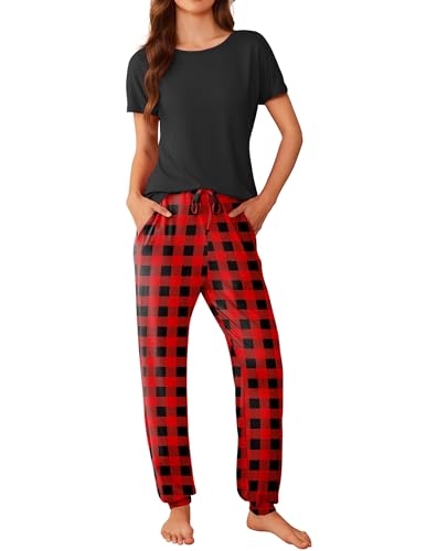 Ekoauer Damen Schlafanzug Frühling Pyjama Set Kurzarm Taschen Lang Schlafhosen Kordelzug Nachtwäsche Set, Rot Kariert, S von Ekouaer