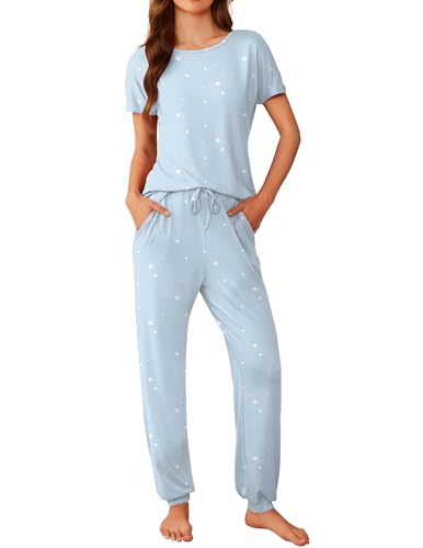 Ekoauer Damen Schlafanzug Lang Pyjama Set Kurzarm Taschen Lang Schlafhosen Kordelzug Lounge Set, Blau Stern, S von Ekouaer