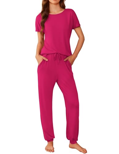 Ekoauer Damen Schlafanzug Lang Pyjama Set Kurzarm Taschen Lang Schlafhosen Kordelzug Lounge Set, Hot Pink, M von Ekouaer