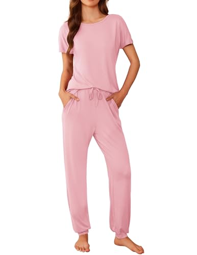 Ekoauer Damen Schlafanzug Lang Pyjama Set Kurzarm Taschen Lang Schlafhosen Kordelzug Lounge Set, Rosa, XXL von Ekouaer