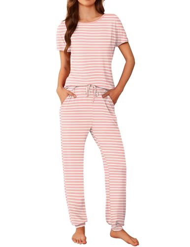Ekoauer Damen Schlafanzug Lang Pyjama Set Kurzarm Taschen Lang Schlafhosen Kordelzug Lounge Set, Rosa Streifen, M von Ekouaer